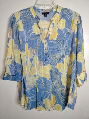 Cocomo Woman -Sz 2X- Blue & Yellow Floral V-neck Button SS Roll Tab Sleeve Tunic